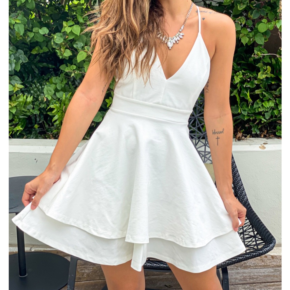White Tiered Short Dress With Lace Back